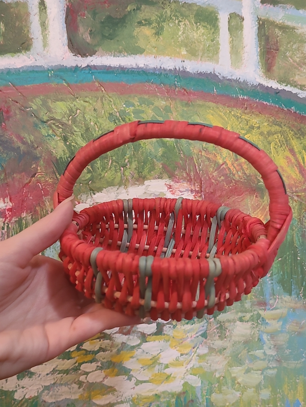 Small Handwoven Red Basket with Handle